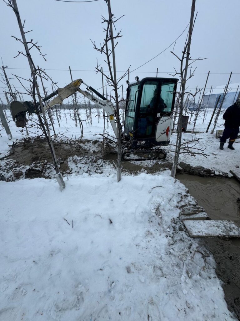 prace ziemne i przygotowanie pod studnię głębinową w sadzie jabłoniowym